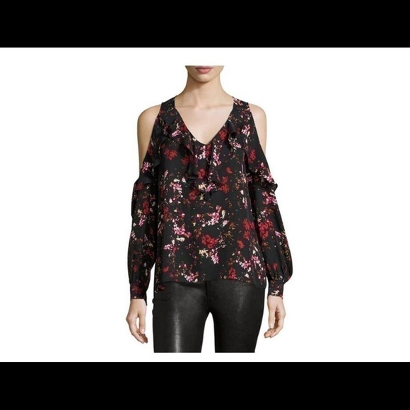 parker Black Roland Cold Shoulder Ruffle Floral Print Silk Blouse Size XS - Picture 10 of 11